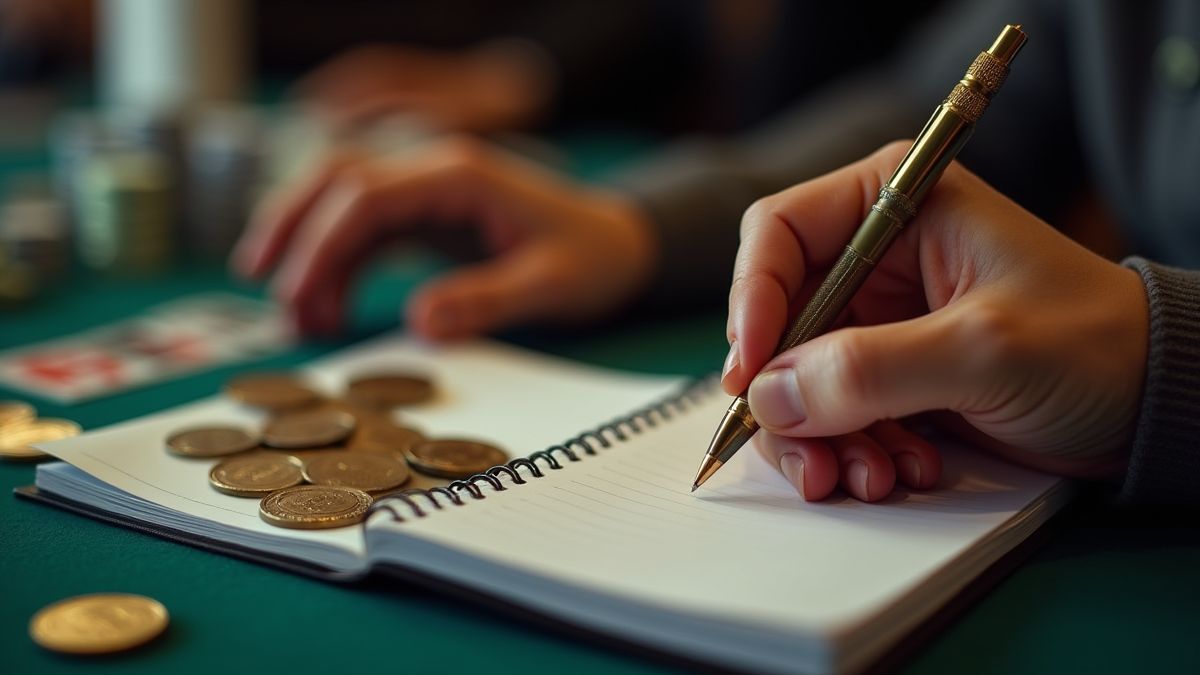Spieler verwaltet sein Casino-Budget mit Münzen und einem Notizbuch.