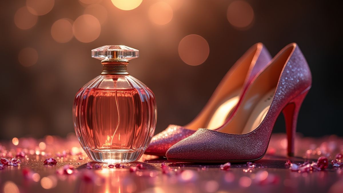 Bouteille de parfum et chaussures de créateur dans un environnement élégant.