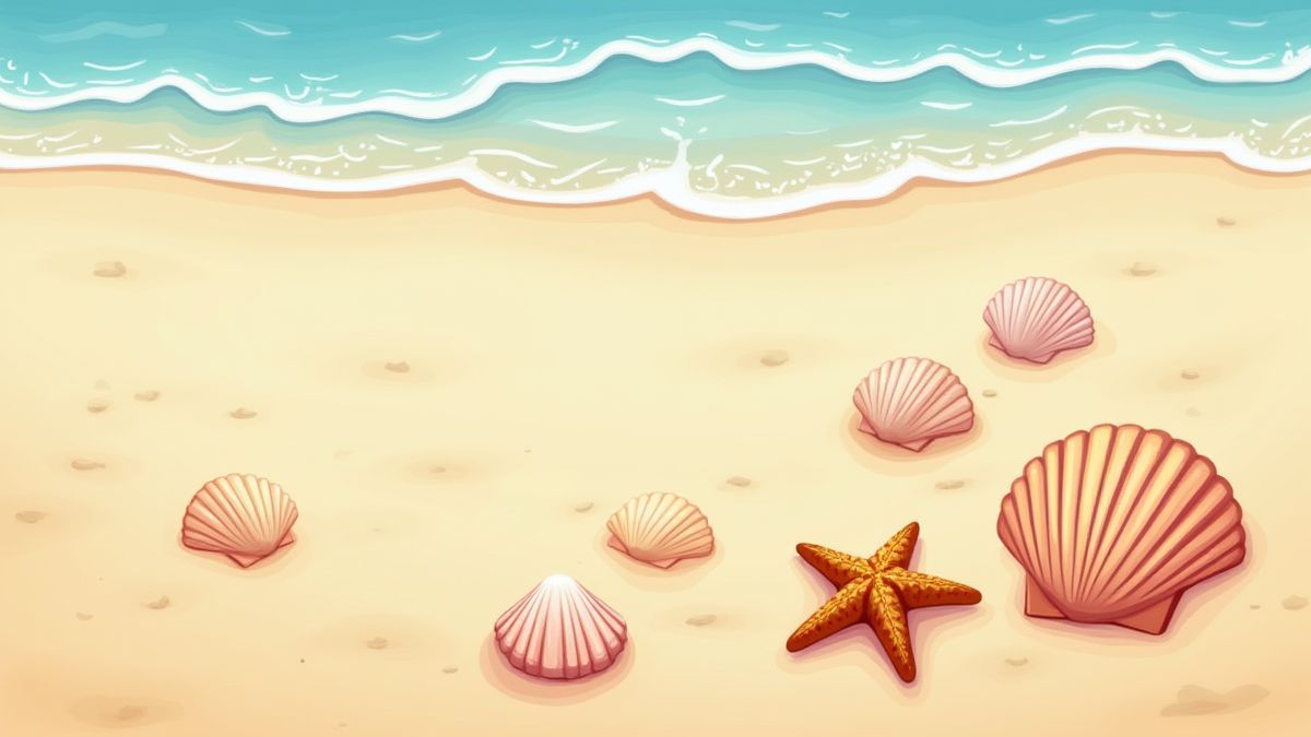 Coquillages et étoiles de mer sur une plage de sable.