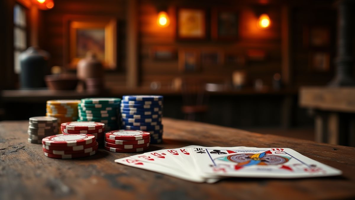 Um salão do oeste com fichas e cartas de pôquer sobre uma mesa rústica