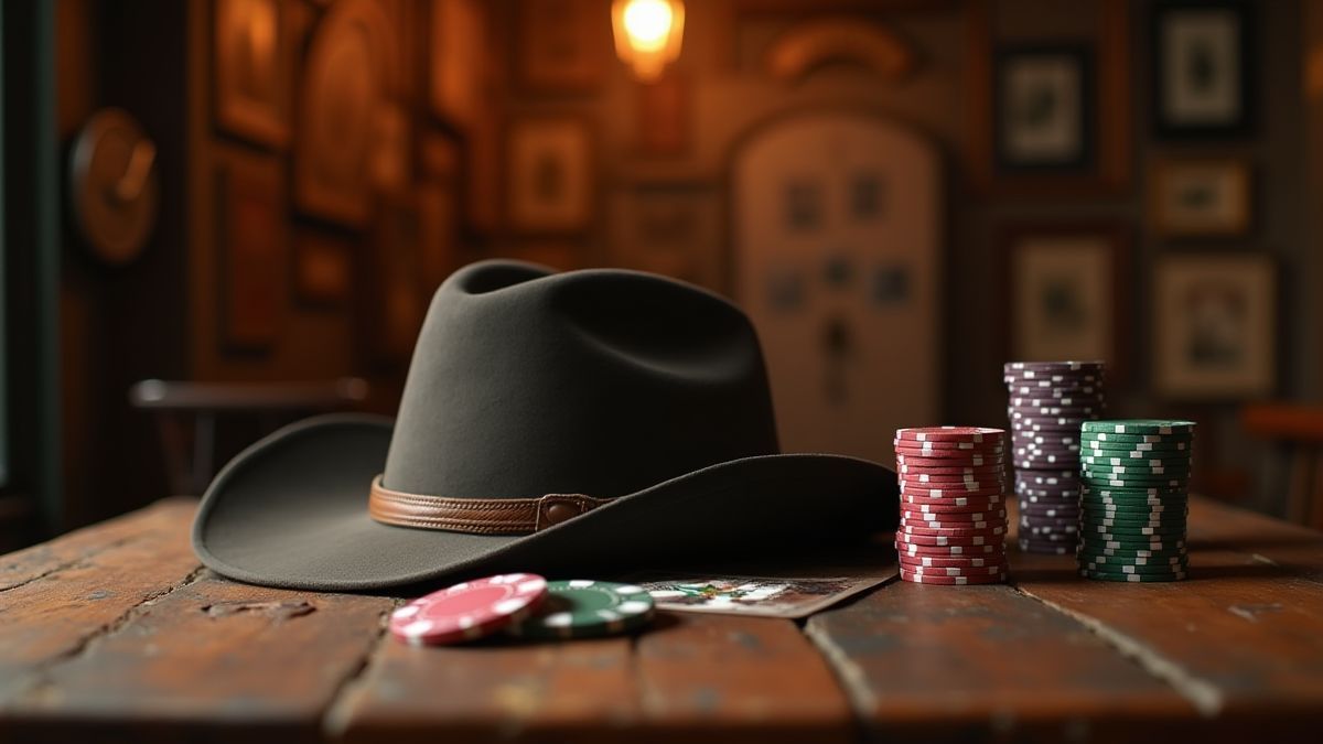 Sombrero de vaquero e fichas de pôquer em uma mesa de madeira