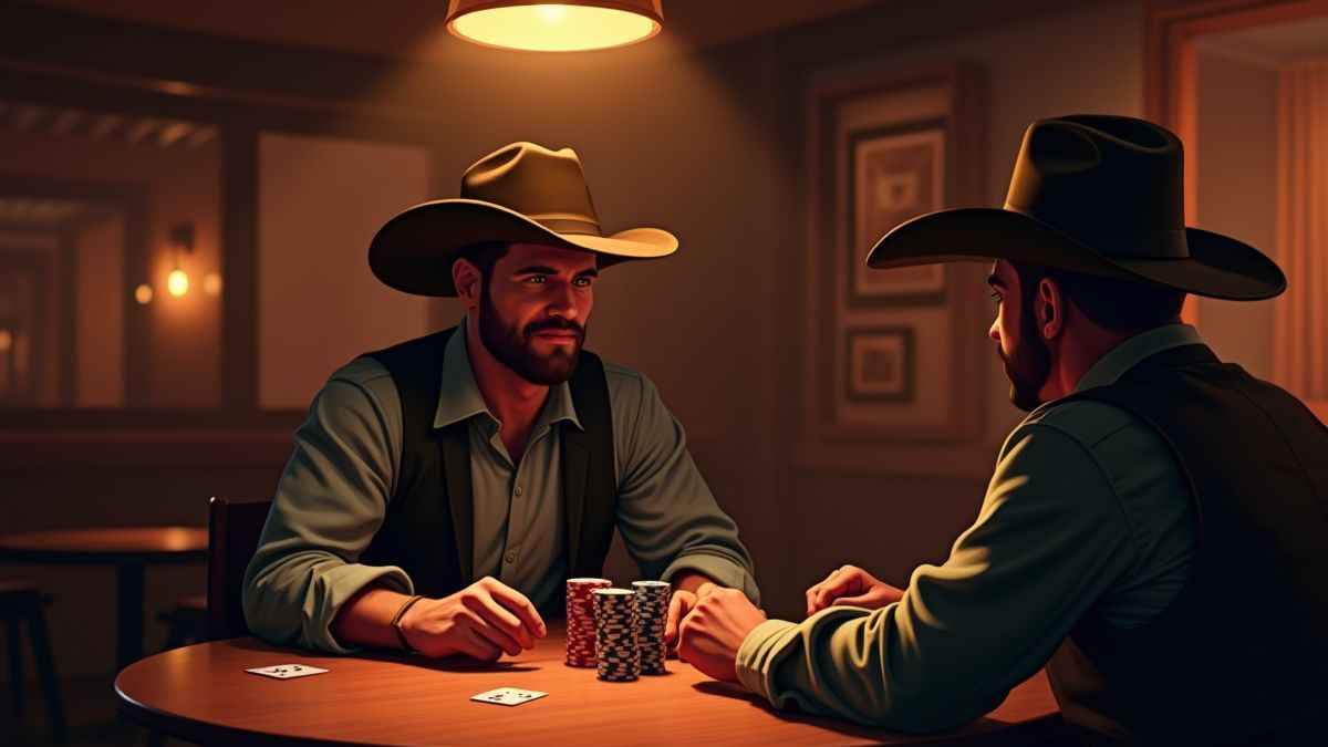 Ein Cowboy spielt Poker in einem Saloon des Wilden Westens