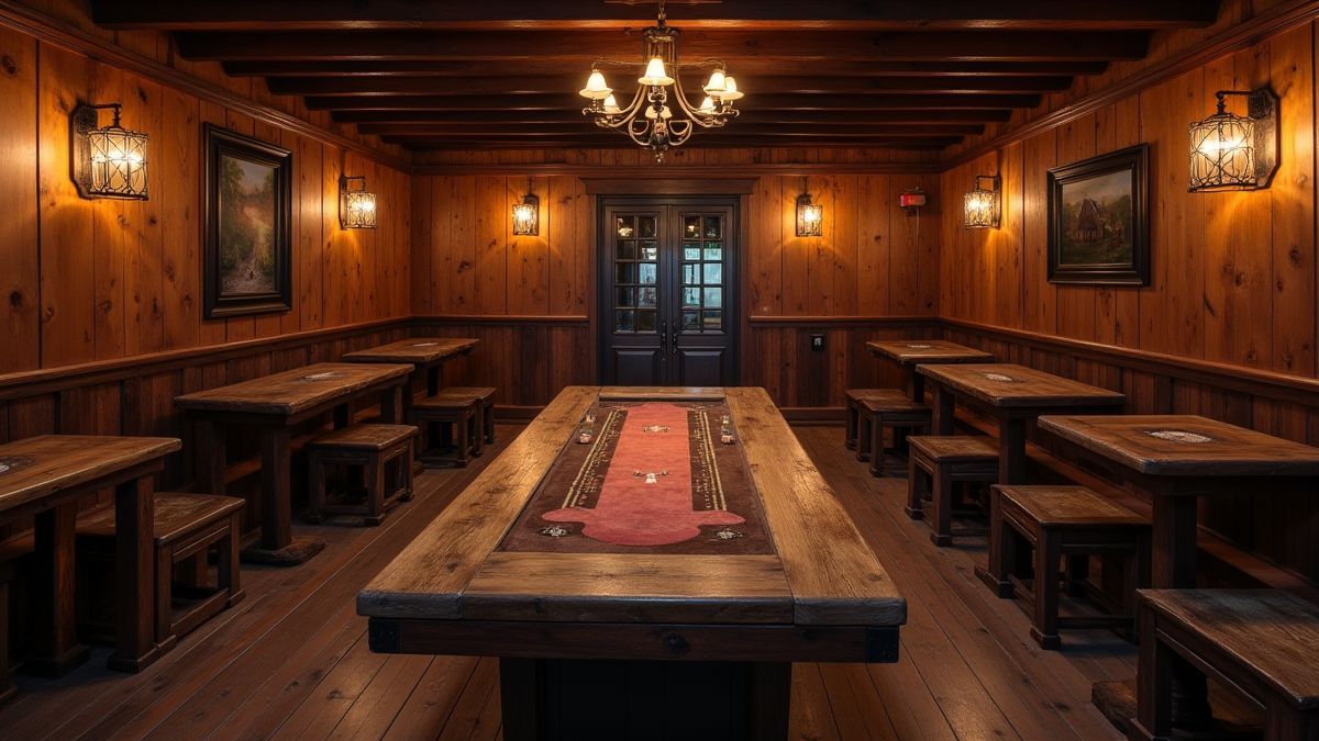 Saloon des Wilden Westens mit rustikalen Möbeln und Pokertisch
