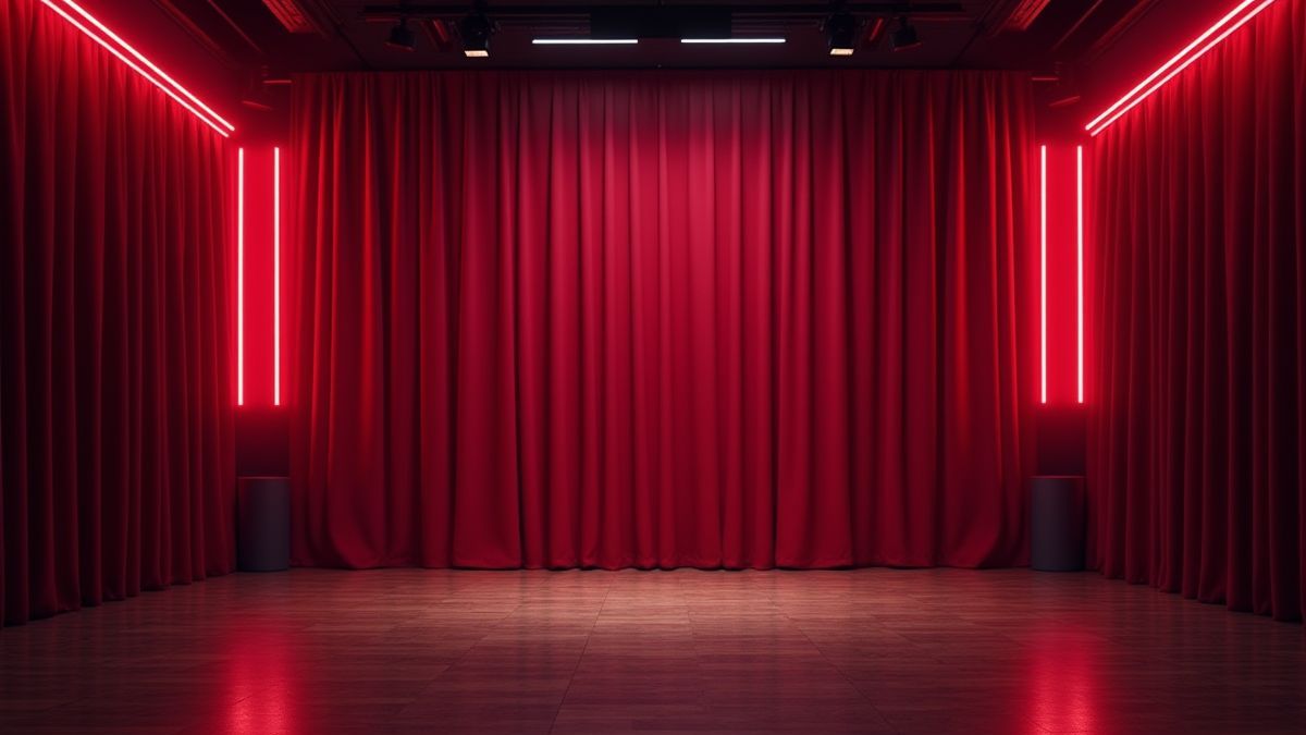 Escenario retro con luces de neón y cortina roja.
