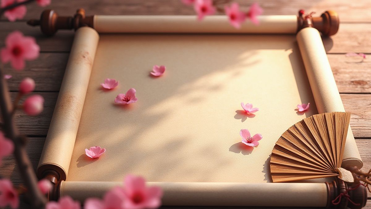 Pergaminos y abanicos japoneses sobre una mesa de madera.