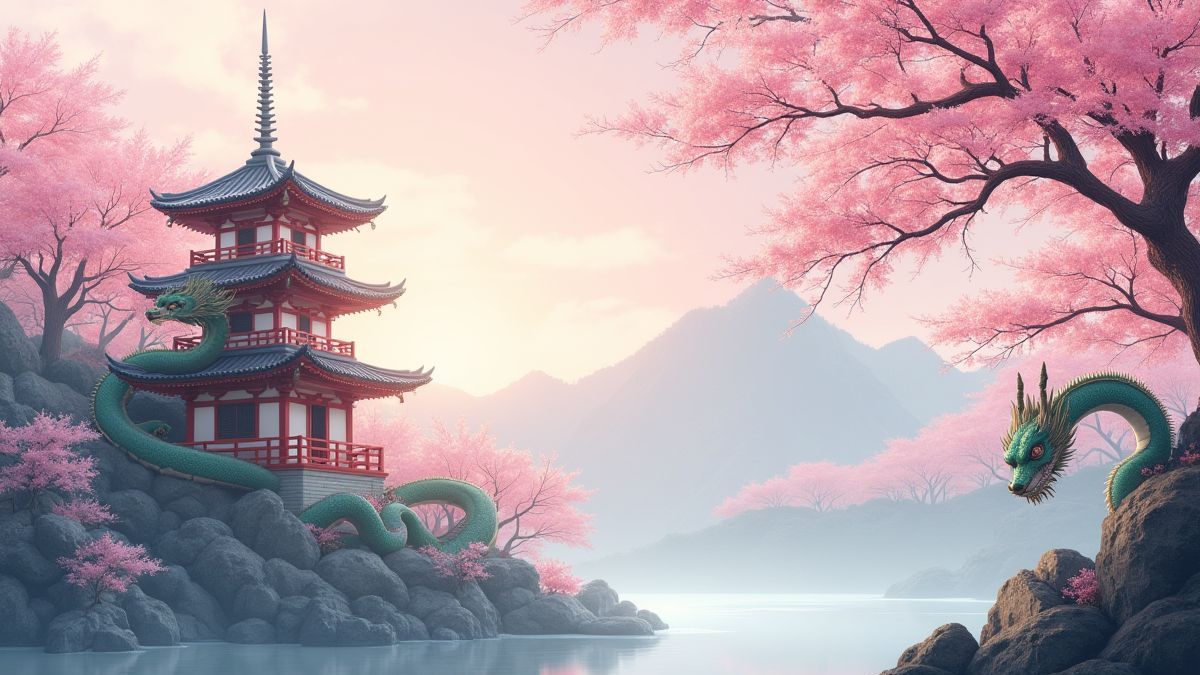 Asian landscape with cherry blossoms and a dragon coiled around a pagoda