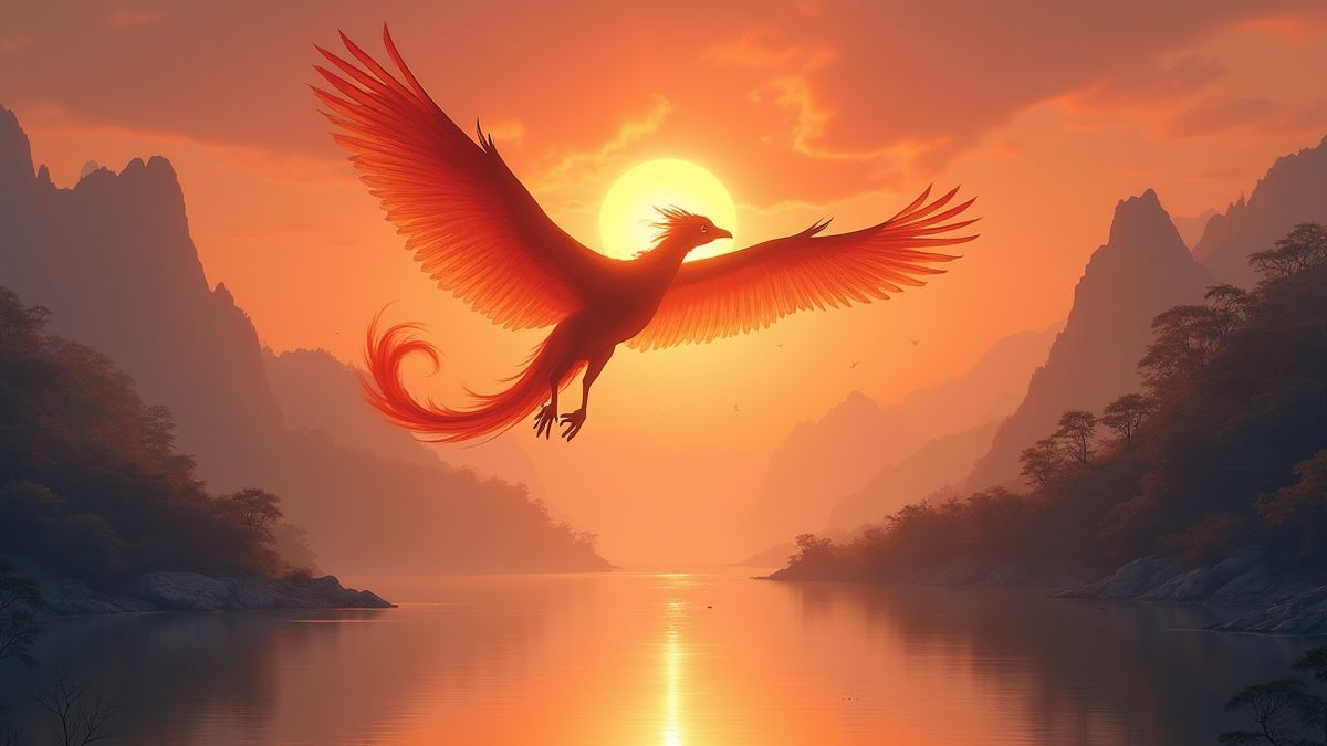 Mystical Asian creature like a phoenix flying over a tranquil lake at sunset