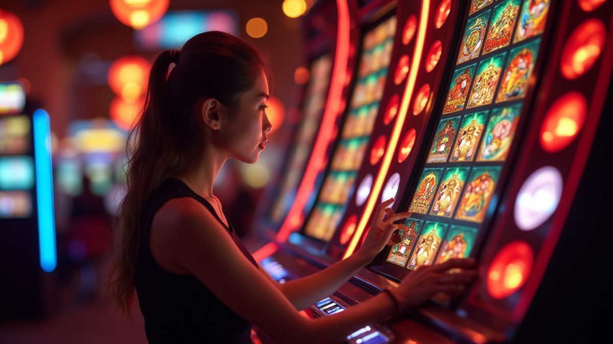 Spieler interagiert mit einem Slot voller leuchtender asiatischer Symbole