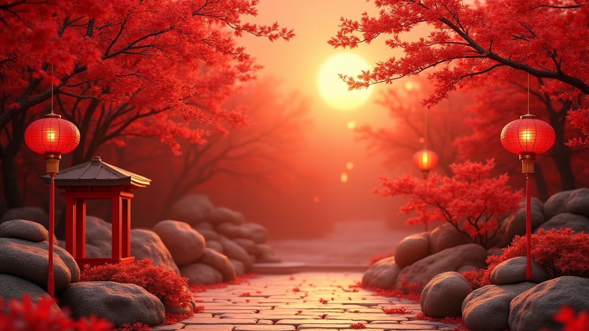 Jardin oriental avec couleurs rouge et doré.