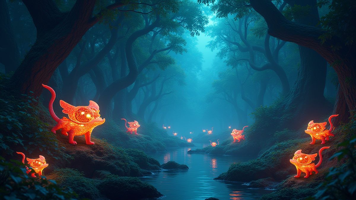 Jungla mística con criaturas brillantes y artefactos asiáticos.