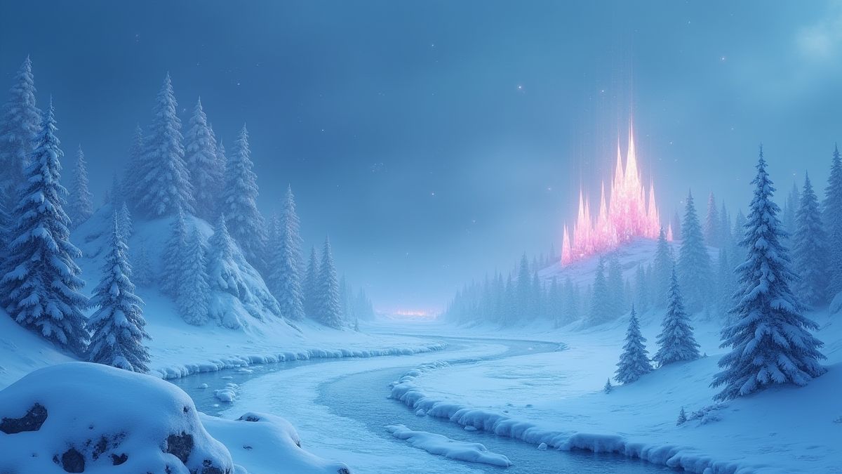 Sneeuwachtig Siberisch landschap met glanzende magische kristallen.