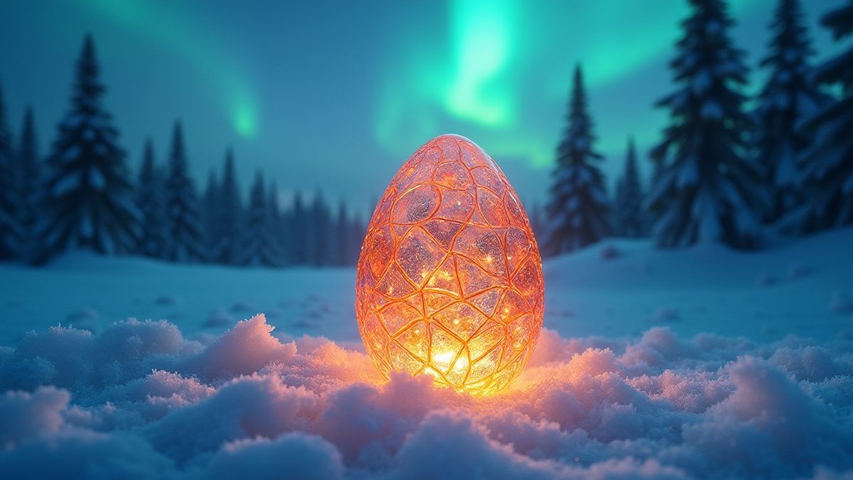 Glanzend Fabergé ei omringd door ijs en noorderlichten.