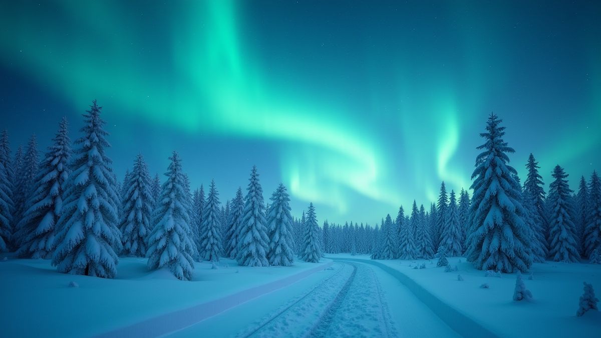 Uma floresta nevada com uma aurora boreal no céu.