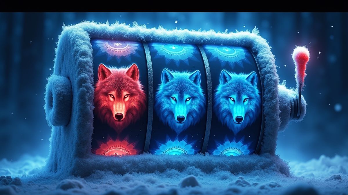 Máquina de slot girando com efeitos gelados e símbolos de lobo brilhantes.