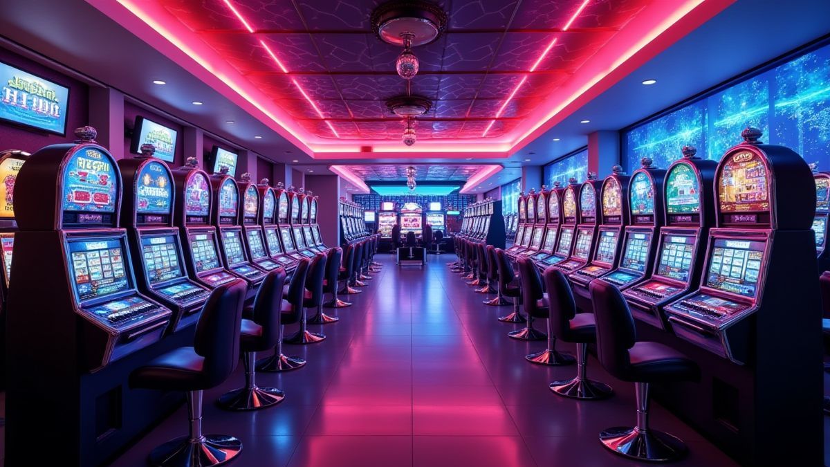 Un casino futurista con luces vibrantes y máquinas tragaperras.