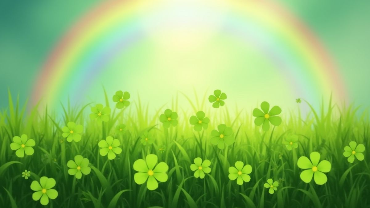 Meadow filled with clovers under a rainbow.