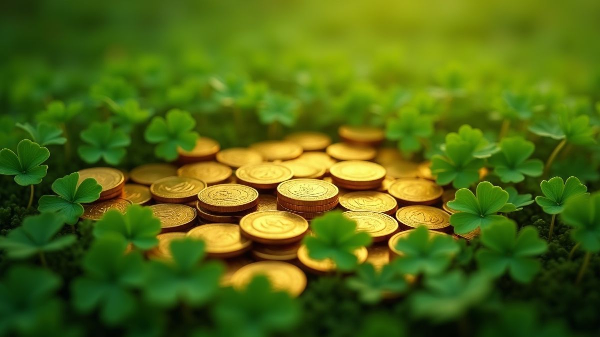 Golden coins on a clover field.