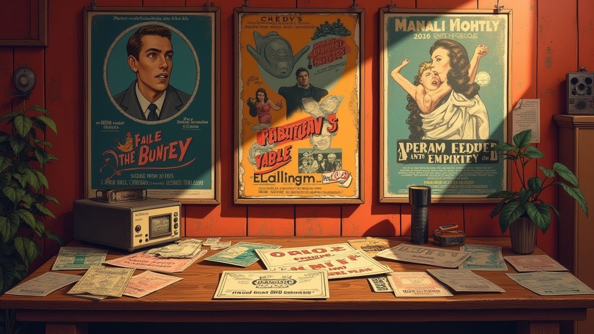Escenario de cine vintage con carteles y tickets de películas clásicas.