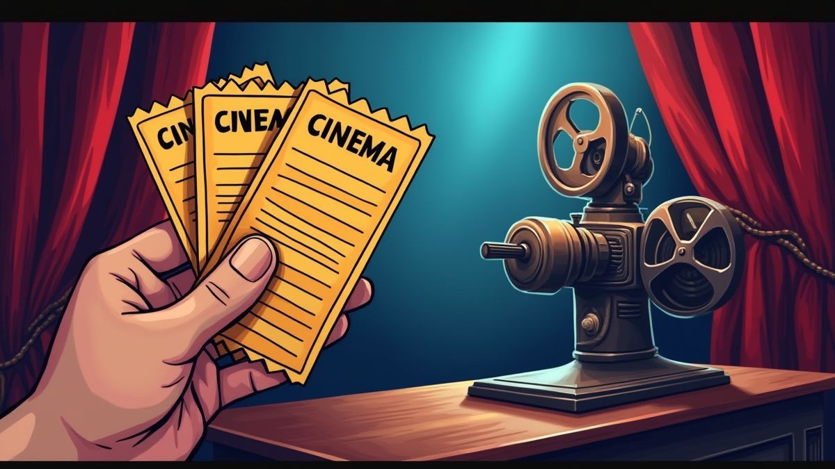 Tickets de cine en la mano de un jugador con un proyector antiguo de fondo.