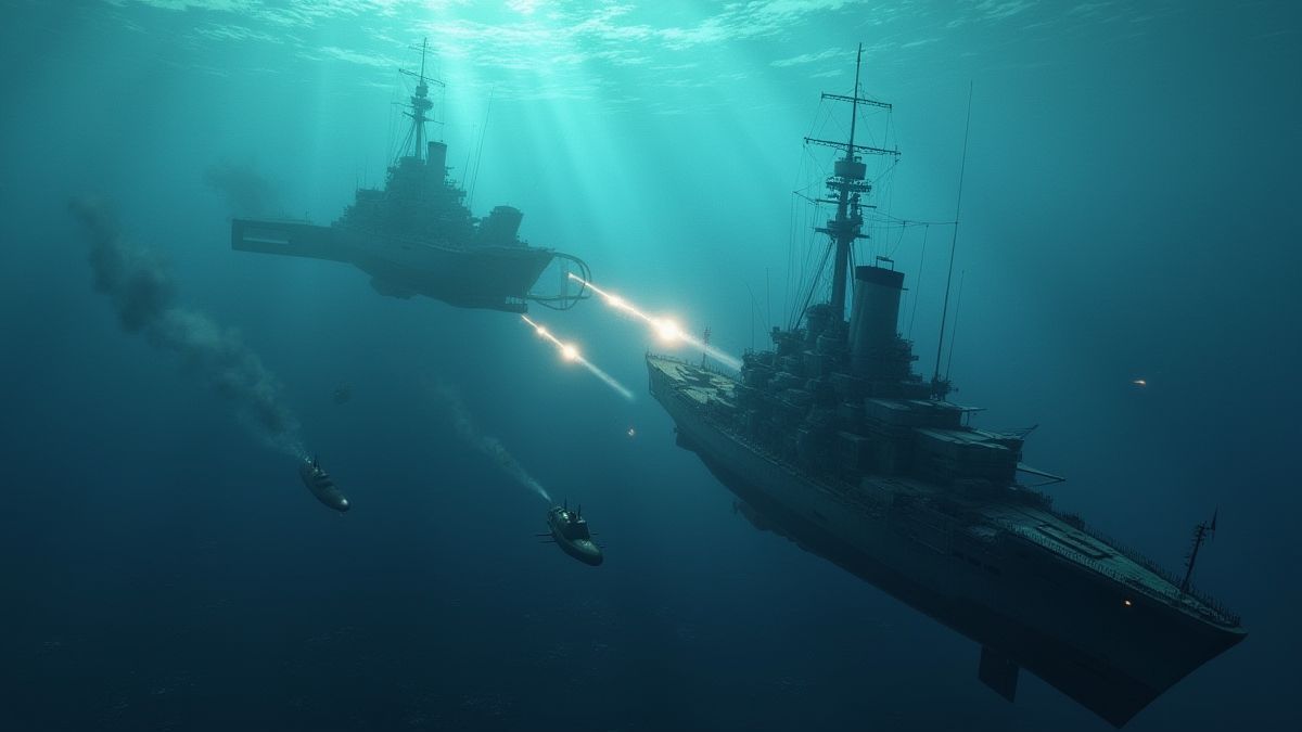 Bataille sous-marine entre sous-marins et navires de guerre.