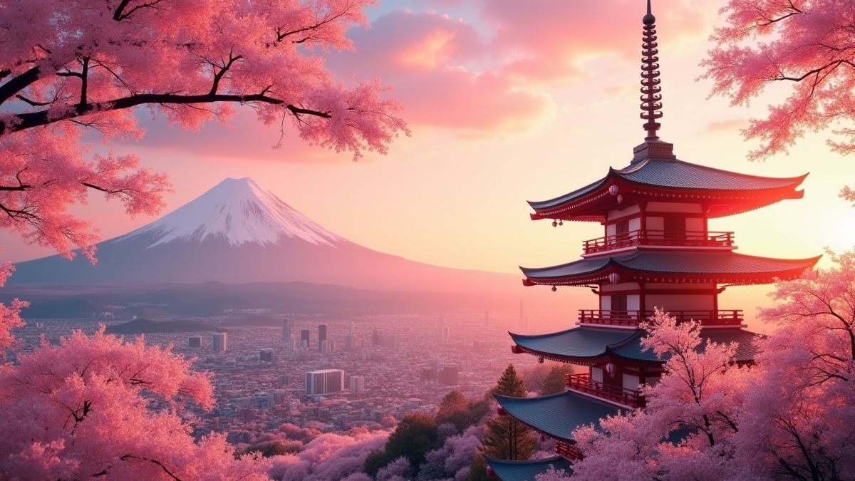 Image of cherry blossoms falling in front of a Japanese temple at sunset.