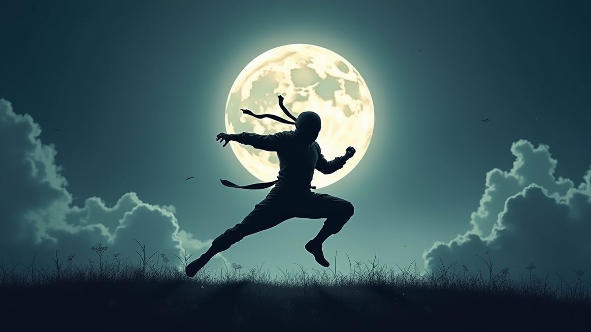 Silhouette of a ninja jumping with the moon in the background.
