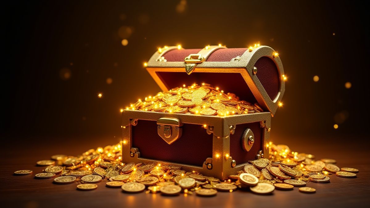 Schatztruhe voller Goldmünzen und glitzernden Juwelen.