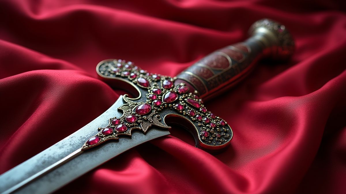 Una daga decorada con rubíes sobre una tela de seda.