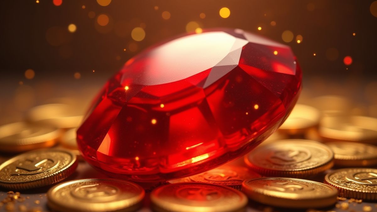 Una joya roja brillante rodeada de monedas doradas.