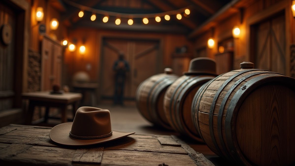 Barriles e chapéus de cowboy dentro de um saloon rústico.