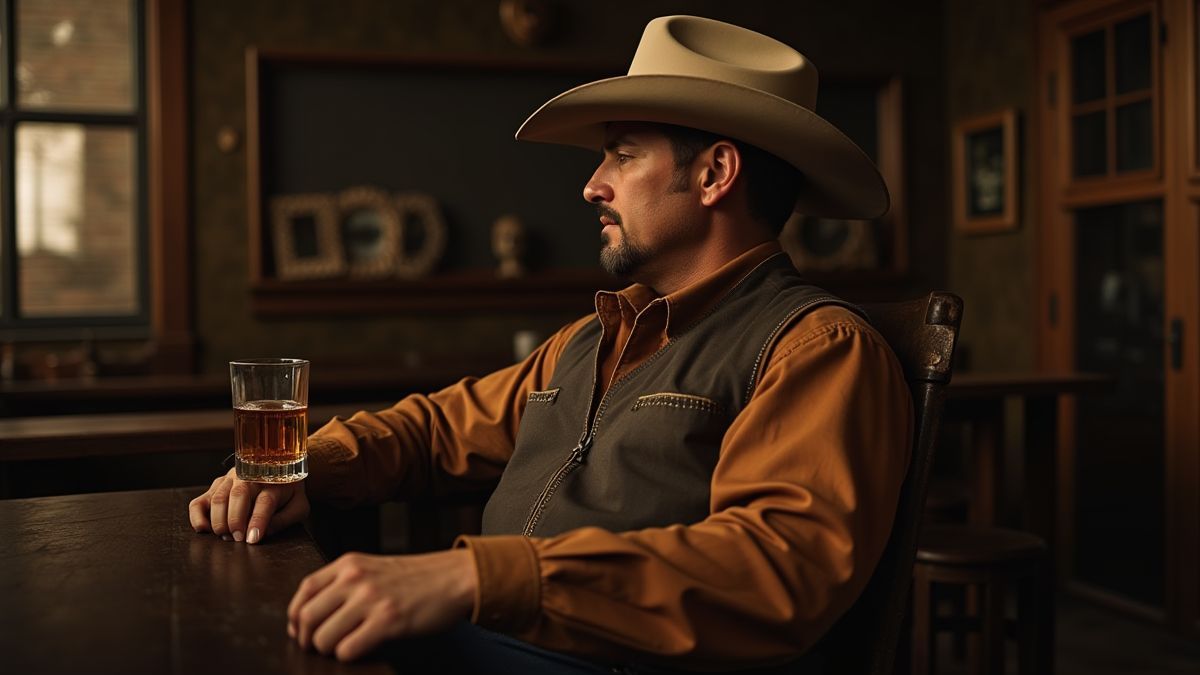 Um vaqueiro relaxando com um copo de uísque em um saloon.