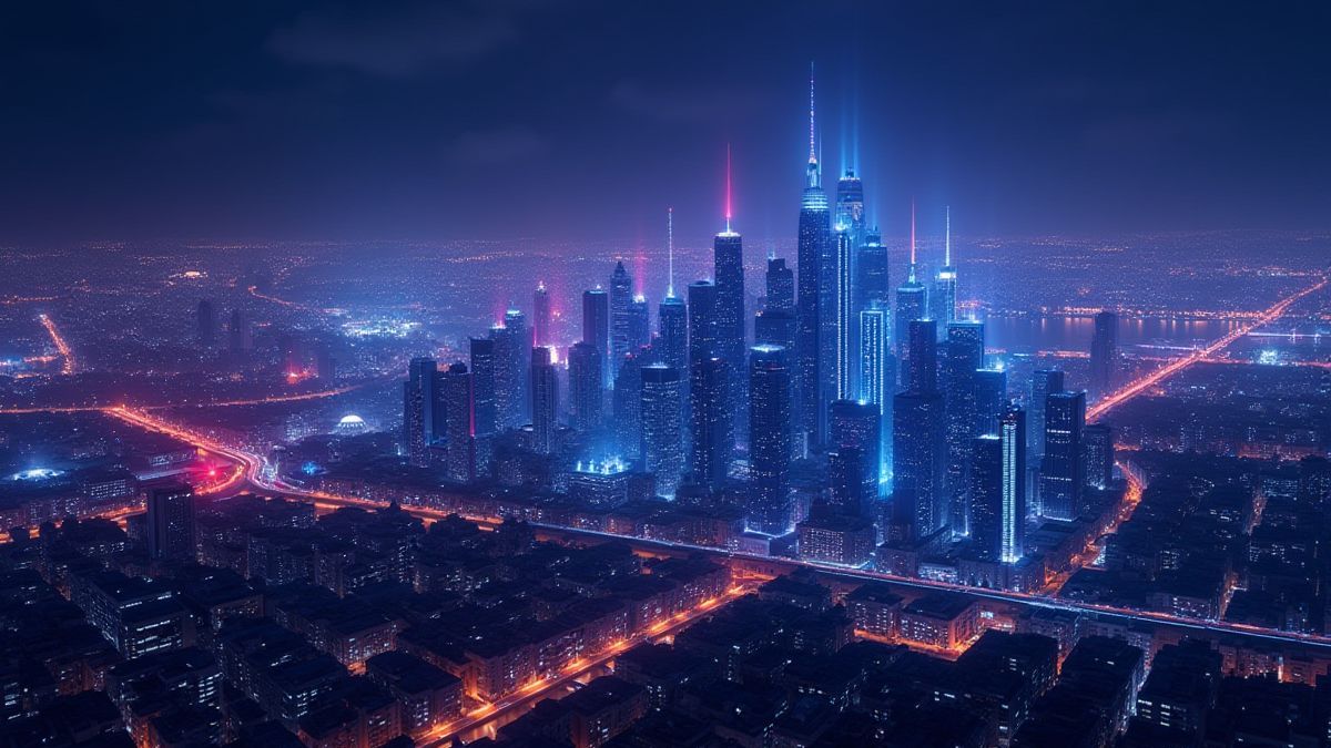 Een futuristische stad verlicht met neonlichten tijdens de nacht.