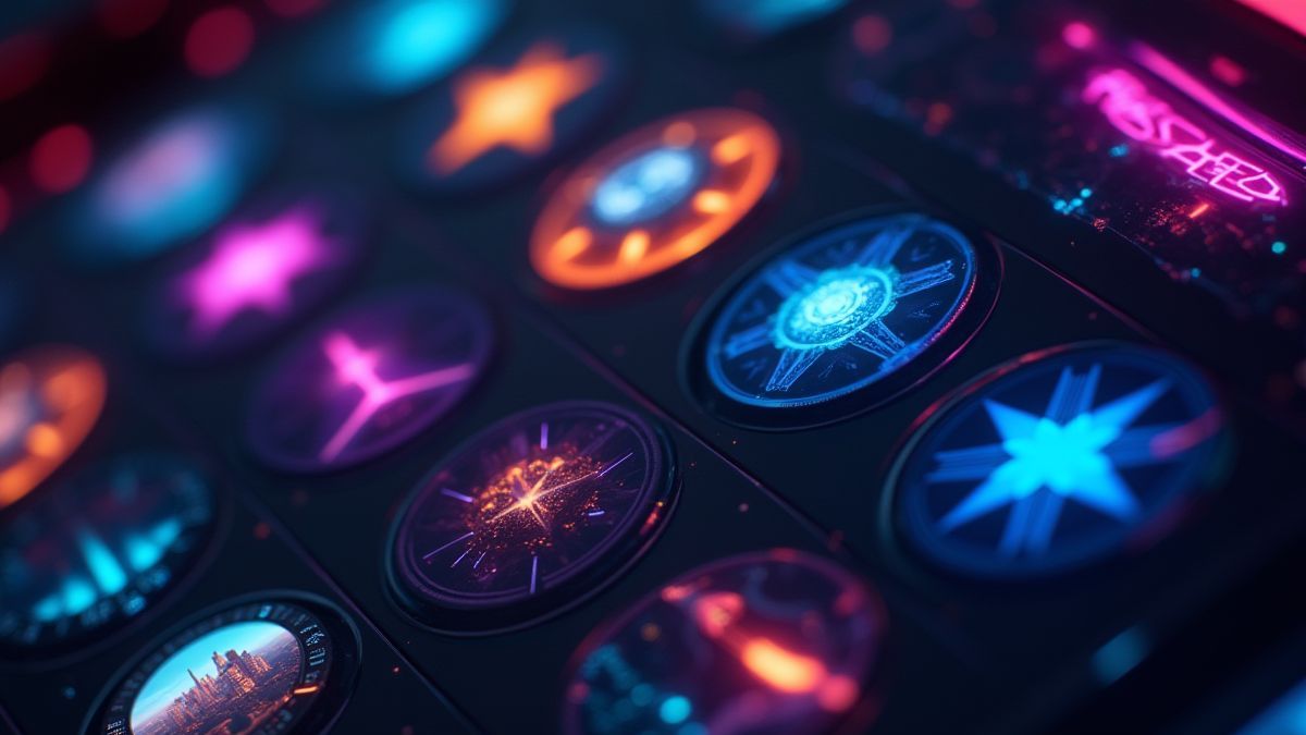 Slotrollen met futuristische symbolen zoals sterren en neonlichten.