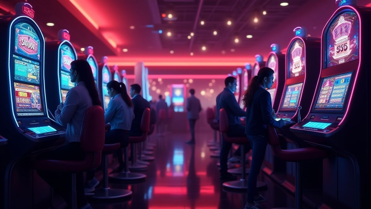 Mensen die spelen in een casino met een futuristisch thema.