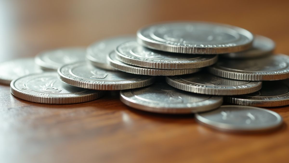 Monnaies d'argent brillantes empilées sur une table en bois.