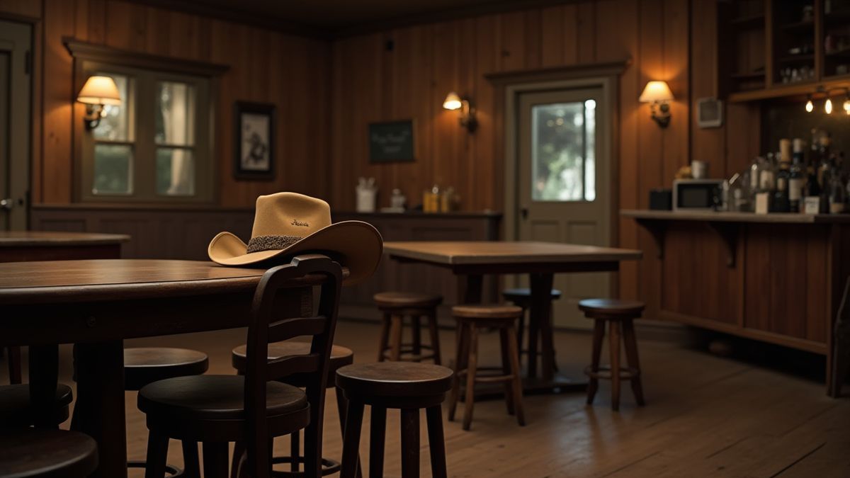 Un salon du vieux Ouest avec des tables en bois et un chapeau de cowboy.