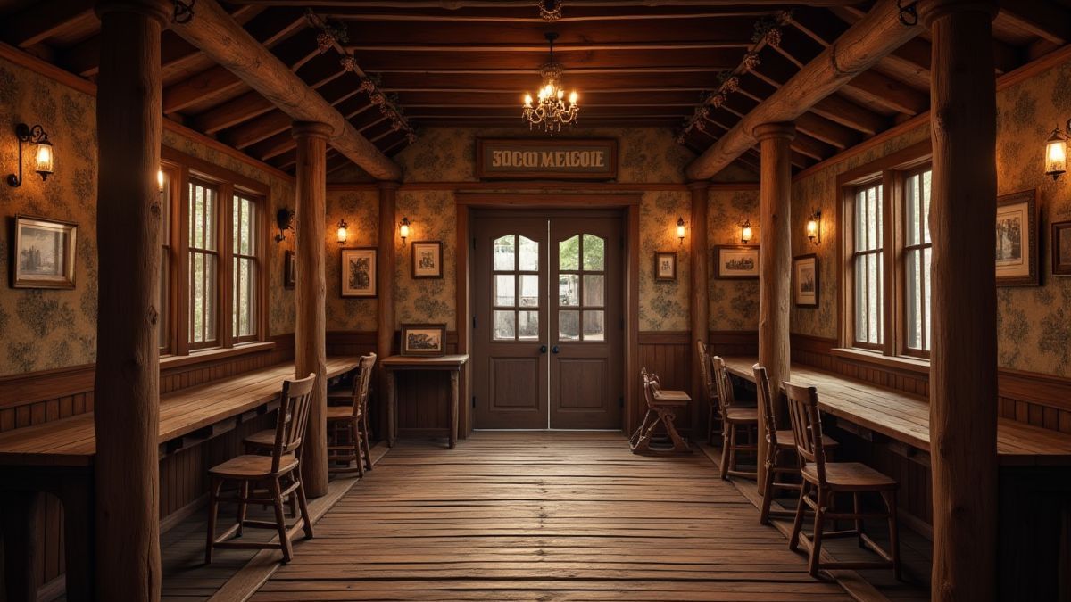 Un salón del Lejano Oeste con puertas oscilantes y decoración tradicional.