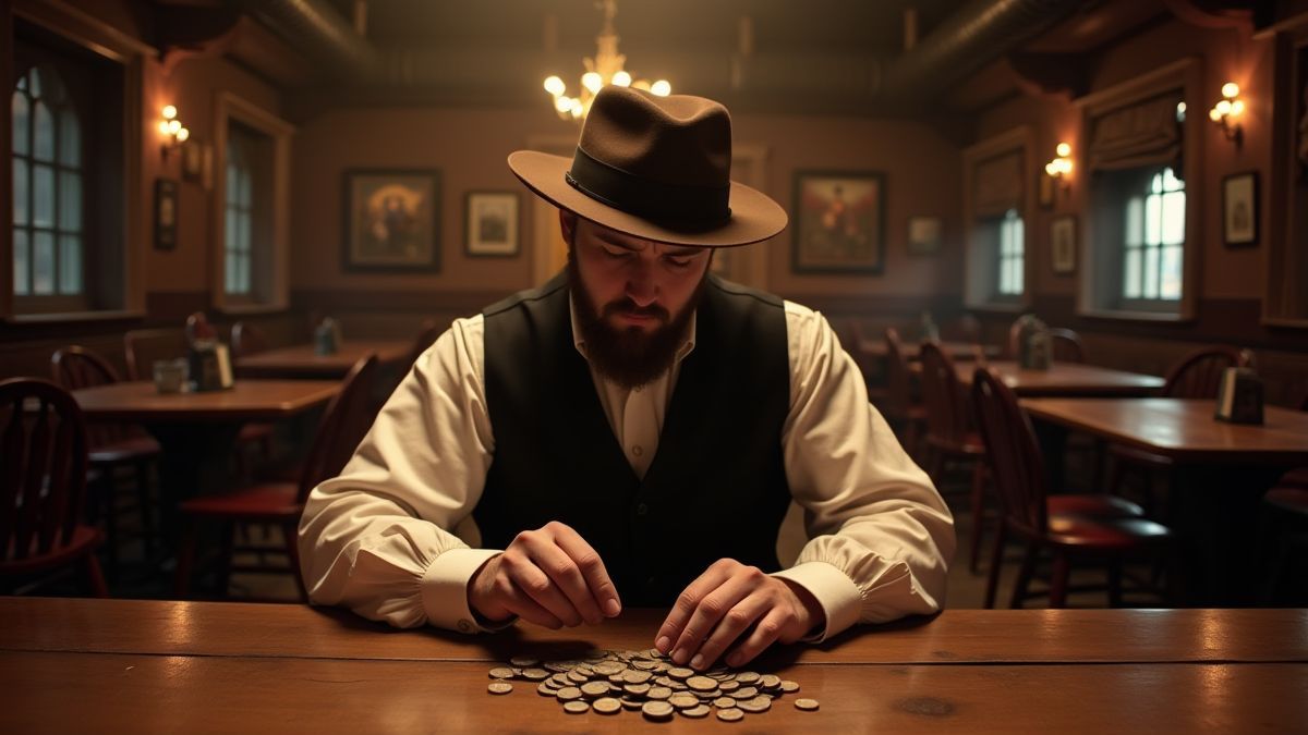 Un jugador contando monedas en una mesa de salón del Lejano Oeste.