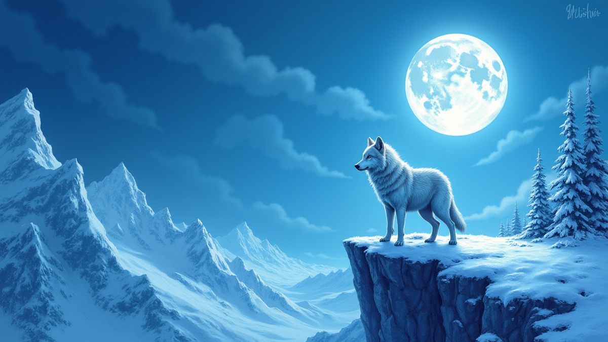 Lobo en un acantilado nevado iluminado por la luna