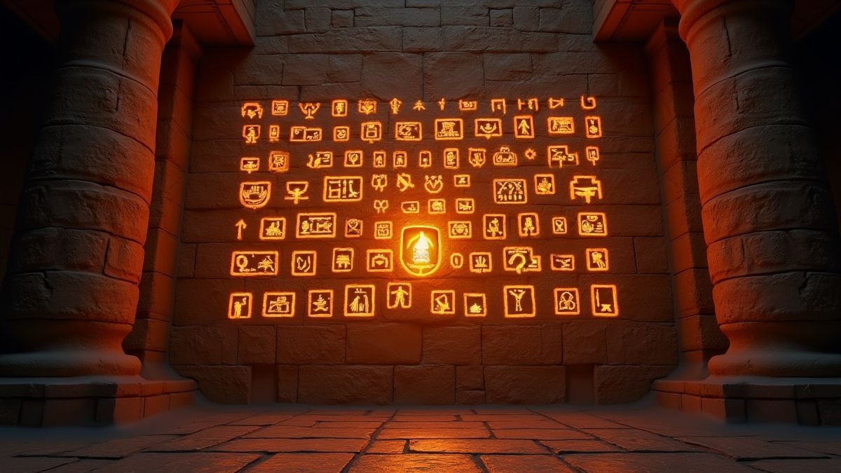 Jeroglíficos egipcios iluminados en una pared de piedra.