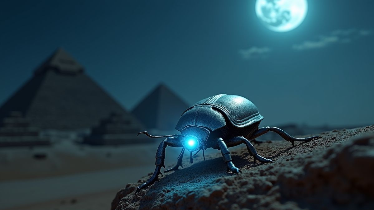 Escarabajo plateado bajo la luz de la luna con pirámides al fondo.