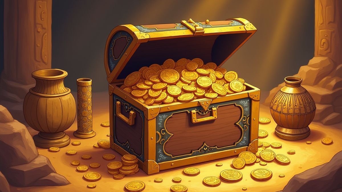 Cofre del tesoro lleno de monedas doradas y artefactos egipcios.