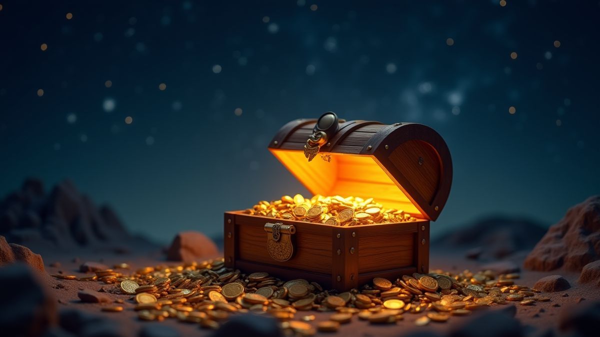 A glowing treasure chest under a starry sky, surrounded by gold coins.