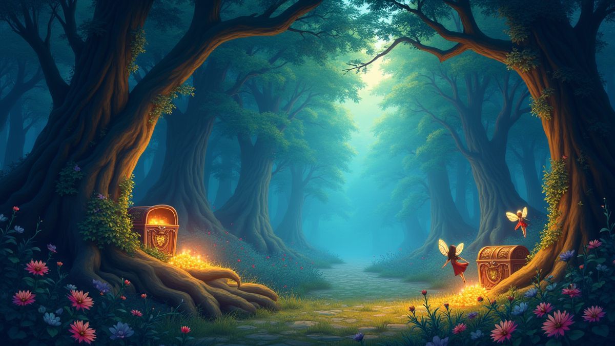 Magischer Wald mit Feen und Schatztruhen