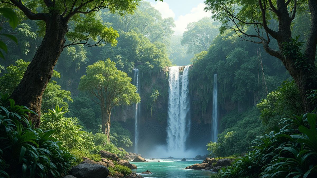 Uma selva exuberante com cascatas e vida selvagem exótica.