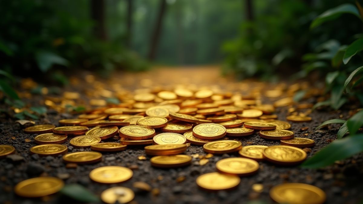 Moedas douradas esparramadas no chão de uma selva.