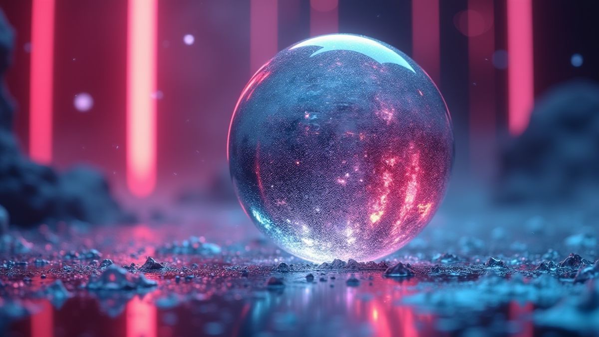Bola plateada brillante en un entorno futurista con luces de neón.