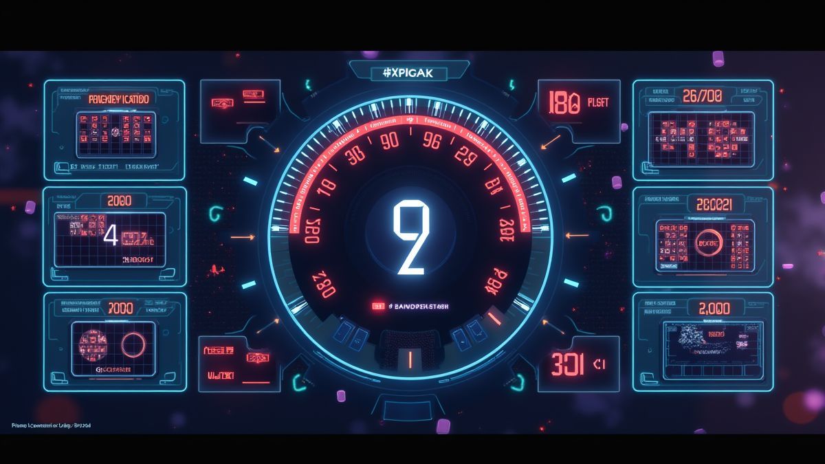 Tablero futurista con cartones de bingo y números brillantes.