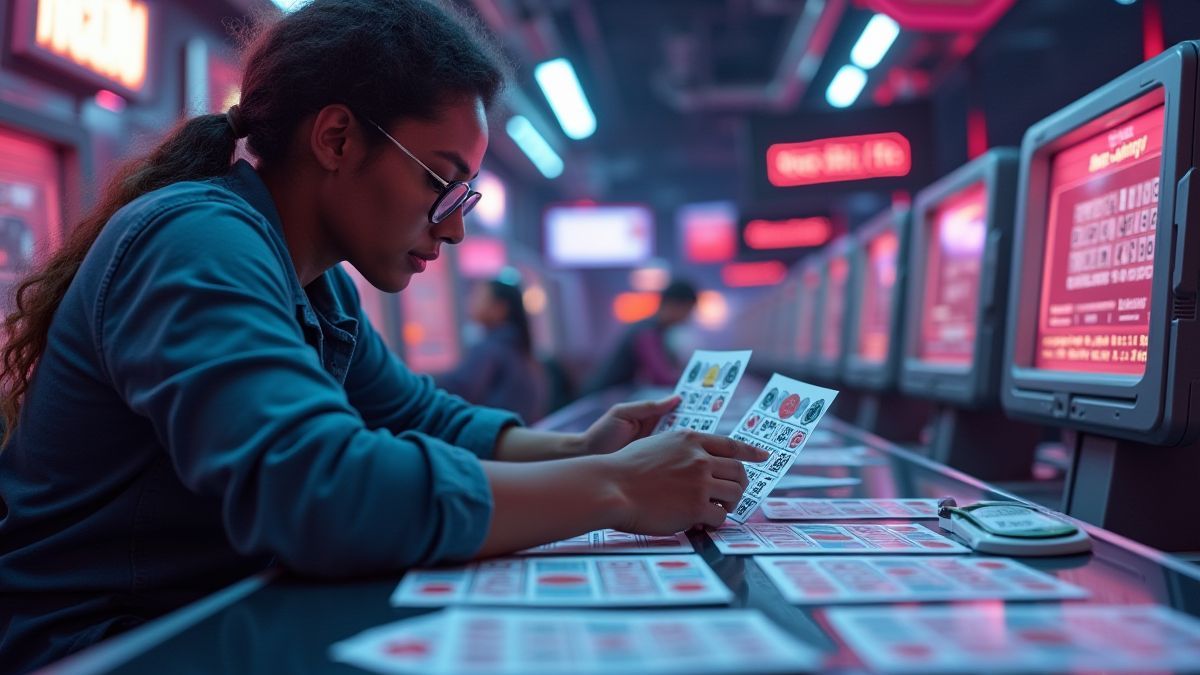Jugador planificando estrategia frente a cartones de bingo en un entorno futurista.