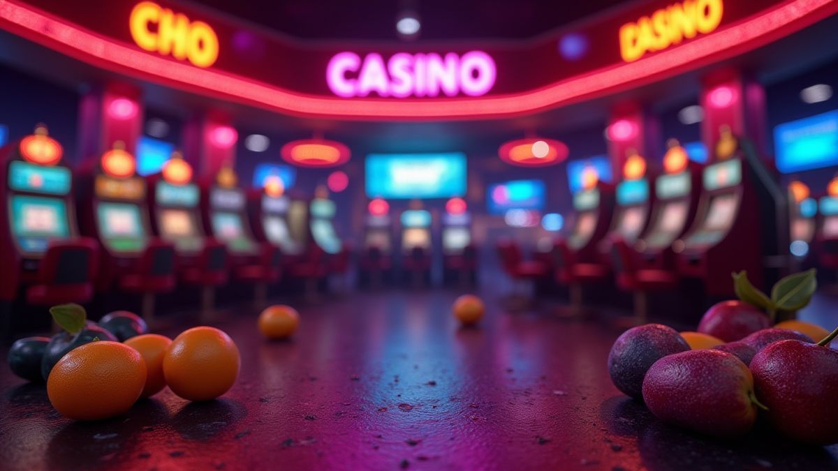 Ein Retro-Casino mit Neonlichtern und leuchtenden Fruchtsymbolen.